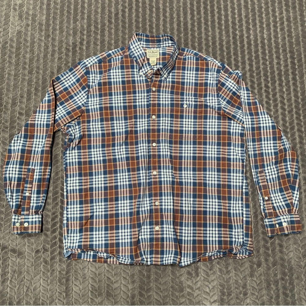 LL Bean Shirt Mens Large Brown Long Sleeve Button Down Traditional Fit Plaid